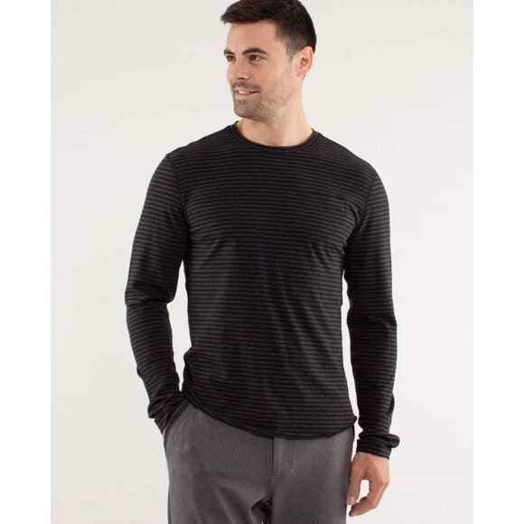 LULULEMON Men's 5 Year Basic Long Sleeve In Classic Stripe Heatheredblack/Black - Picture 1 of 8
